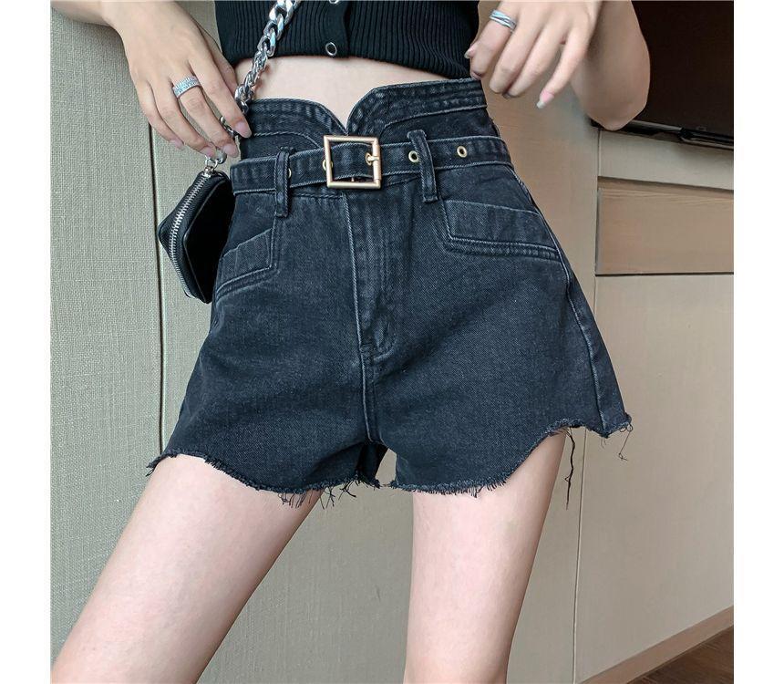 High Waist Washed Belted Fray Denim Shorts Product Image