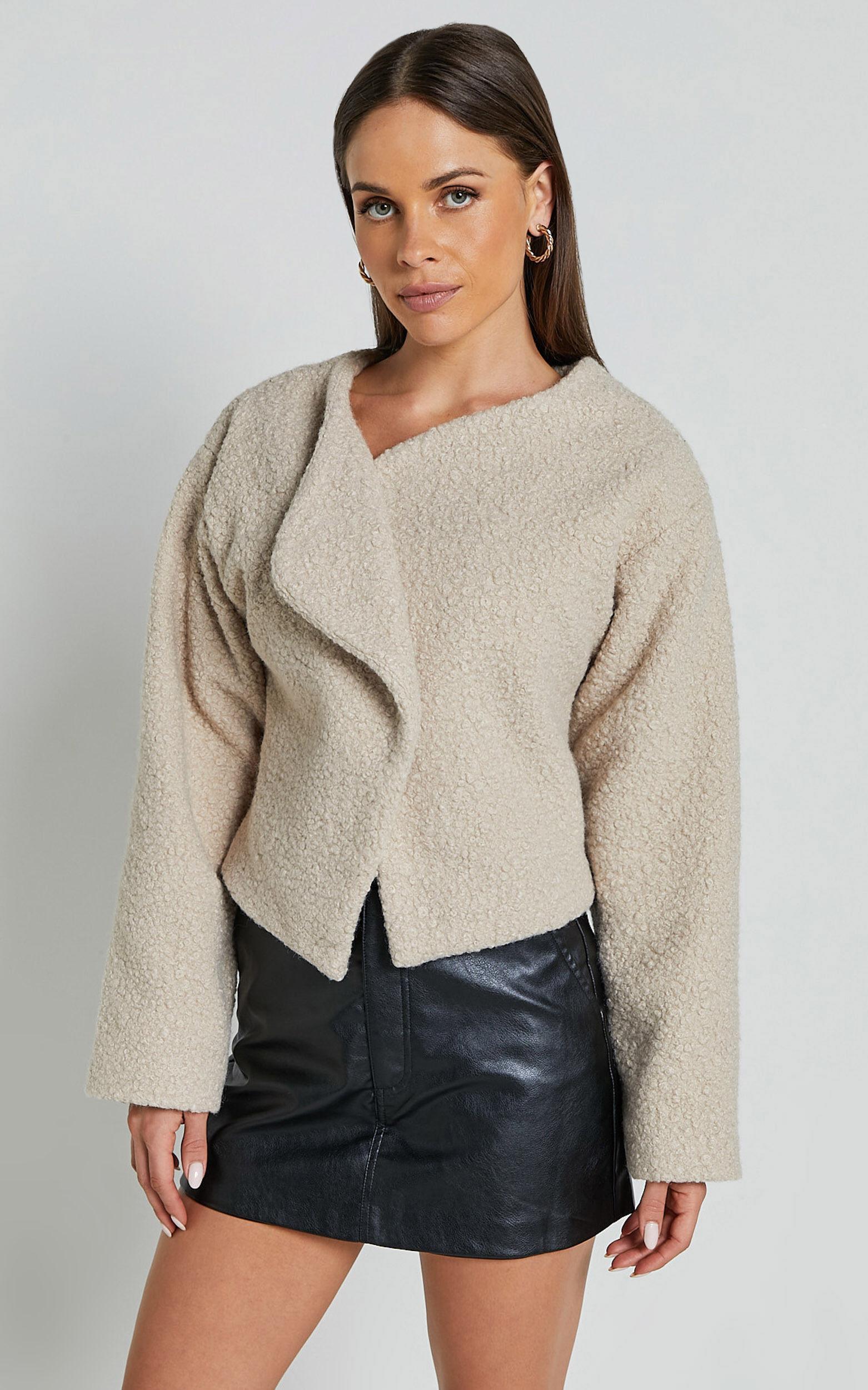 Mayvie Jacket - Collarless Long Sleeve Wool Look Jacket in Beige Product Image