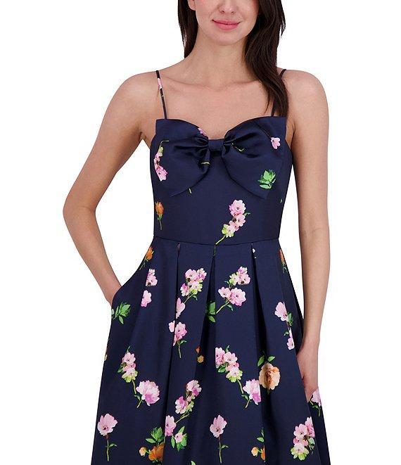 Eliza J Mikado Floral Print Sweetheart Neck Sleeveless Bow A-Line Gown Product Image