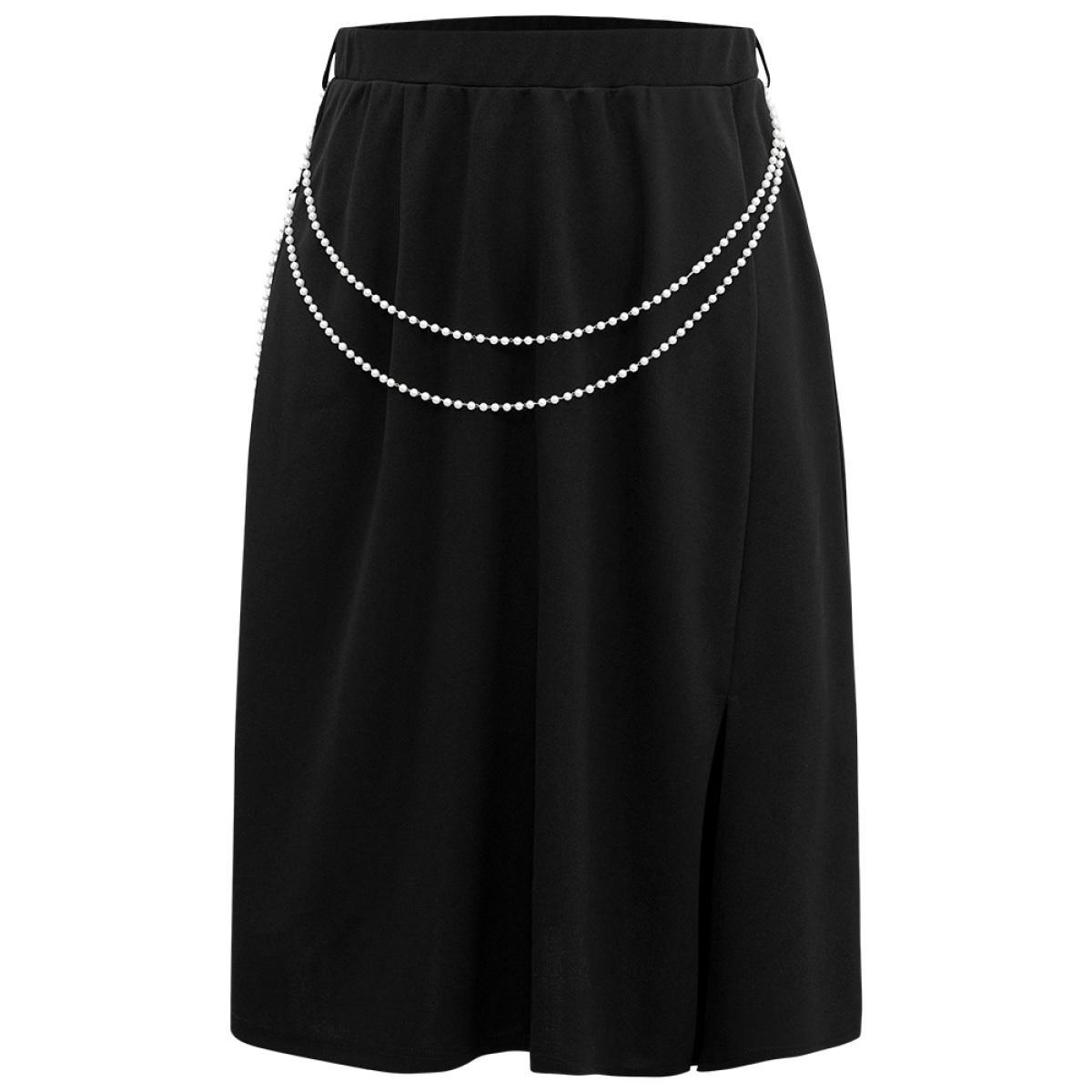 Plus Size Plain Pearl Beaded Detail Split Side Skirt Women Black Office Style accents No stretch Belt Work Skirts BloomChic 30/6X Product Image