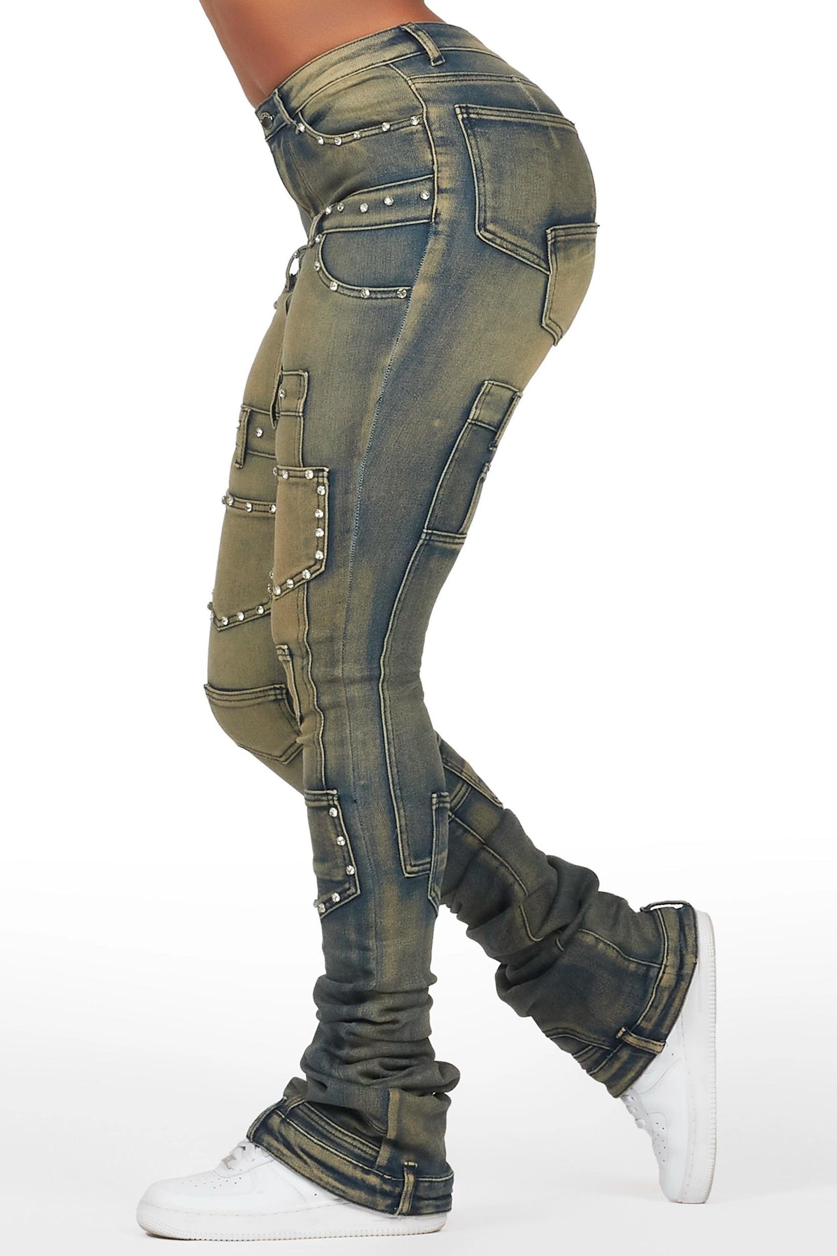 Vicky Tinted Dark Wash Rhinestone Super Stacked Jean Female Product Image
