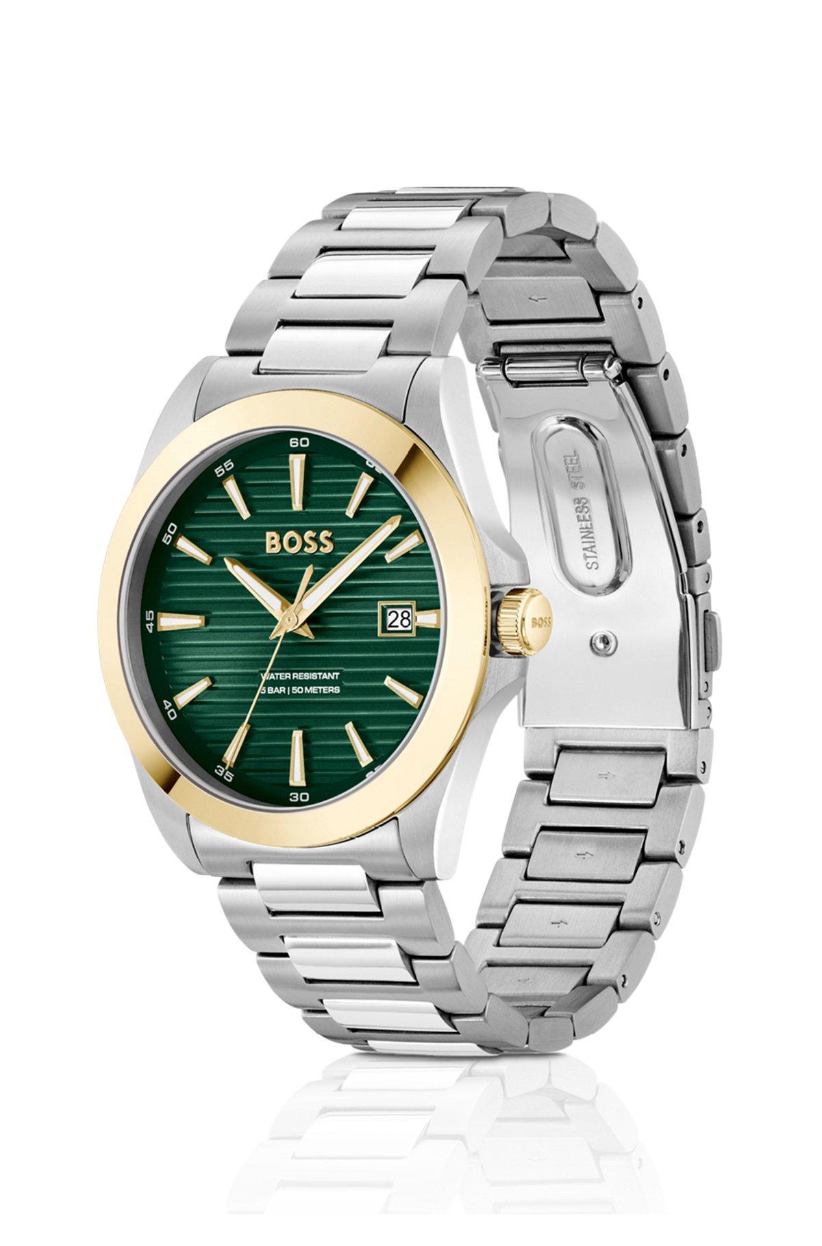 Gold- and silver-tone watch with green grooved dial Product Image