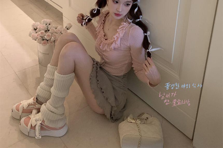 Long-Sleeve Plain Drawstring Lace Trim Cropped T-Shirt / High Waist Lettuce Edge Mini A-Line Skirt / Cropped Halter Top Product Image