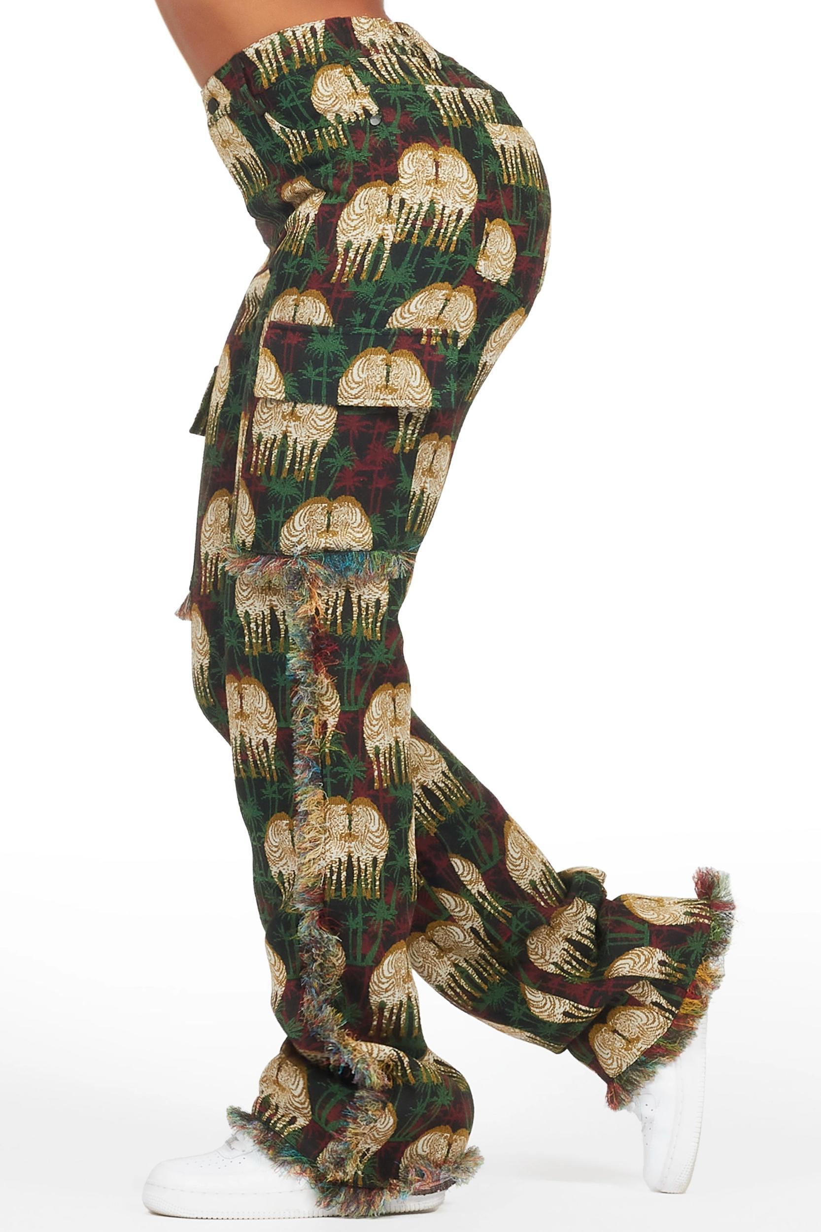 Zeontee Black Animal Print Cargo Tapestry Stacked Pant Female Product Image