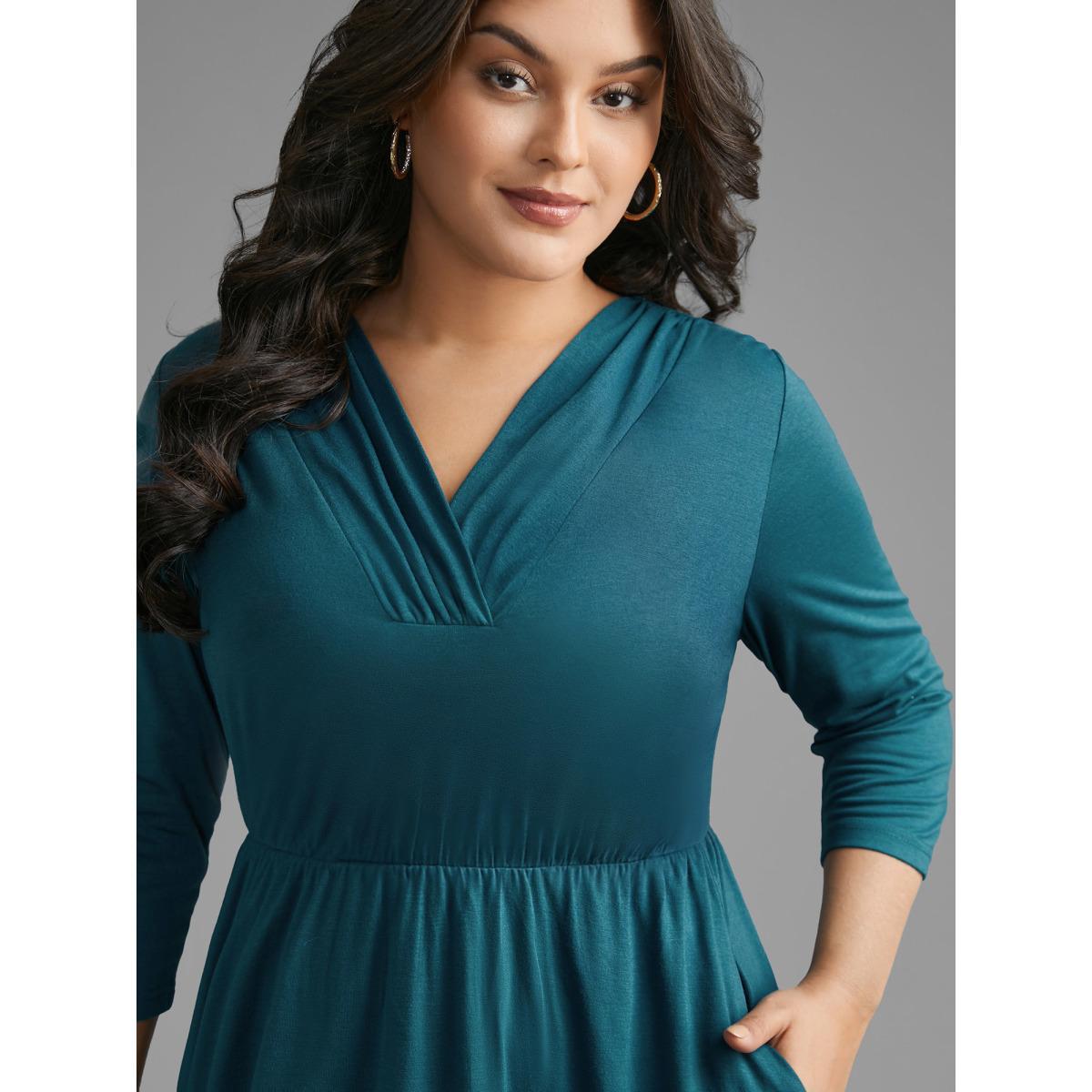 Plus Size V Neck Gathered Midi Knit Dress Aegean Women Casual Gathered Knit Dresses Bloomchic 10/M Product Image