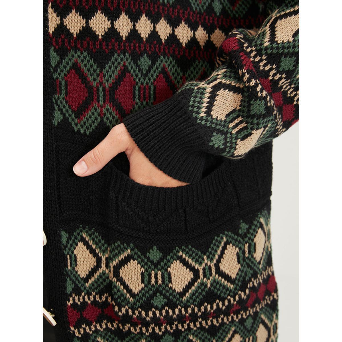 Plus Size Geometric Contrast Pointelle Knit Pocket Jacquard Button Front Cardigan Multicolor Women Casual Loose Long Sleeve Dailywear Cardigans BloomChic 10/M Product Image