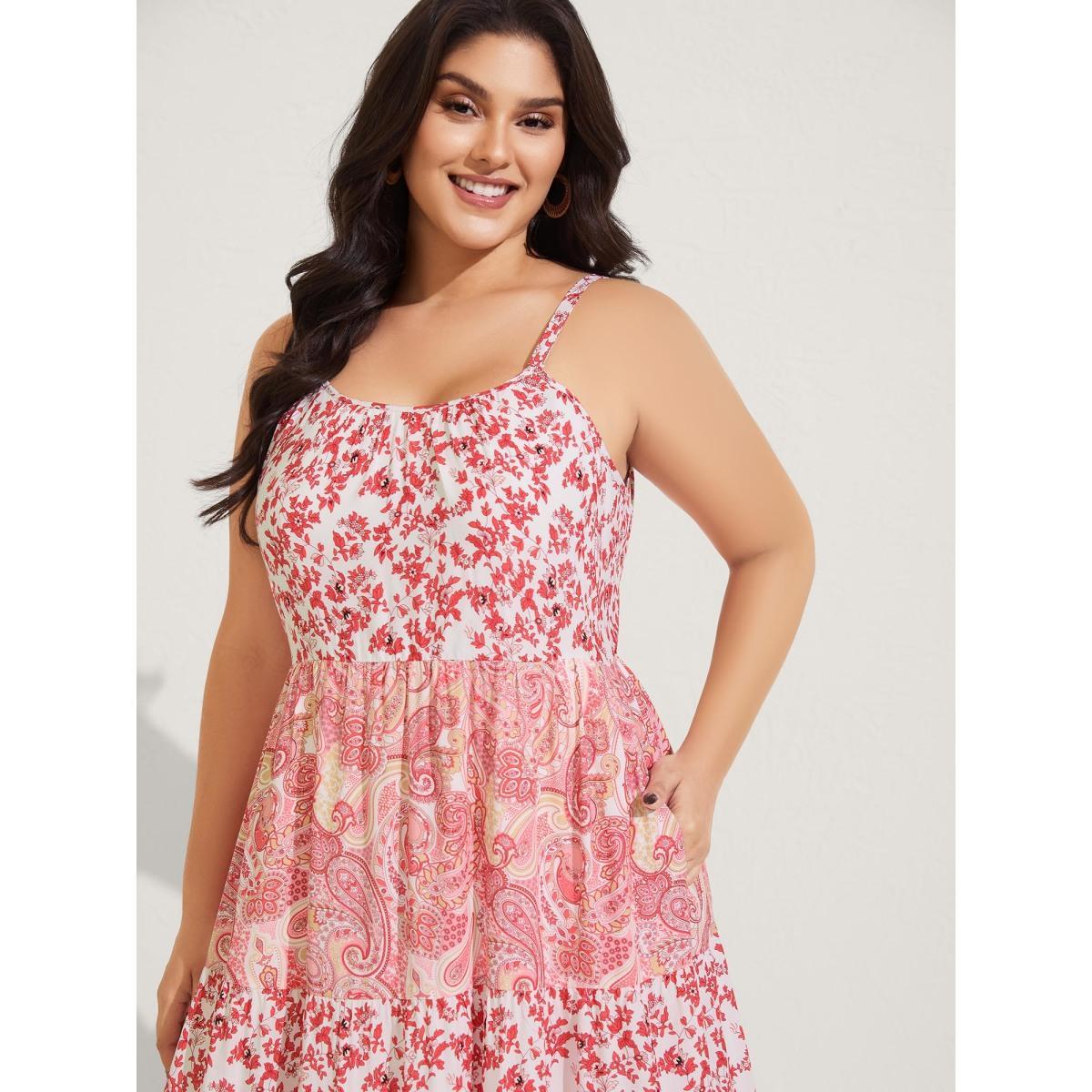 Plus Size Floral Paisley Print Cami Pockets Midi Dress Crepe Women U-neck Sleeveless Curvy BloomChic 12/L Product Image