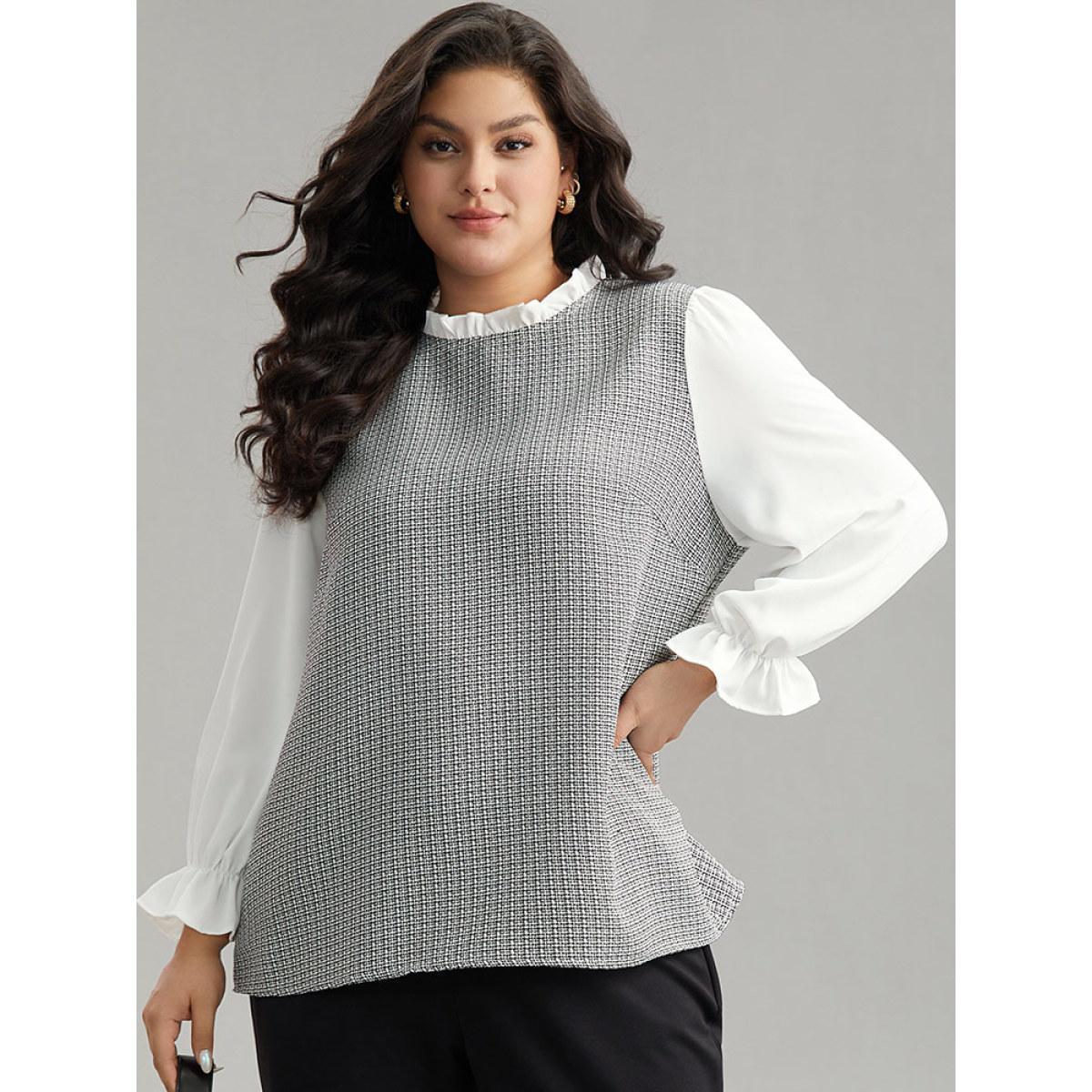 Plus Size White Gingham Ruffles Patchwork Frill Trim Blouse Women Office Long Sleeve Stand-up collar Work Blouses BloomChic 22-24/3X Product Image