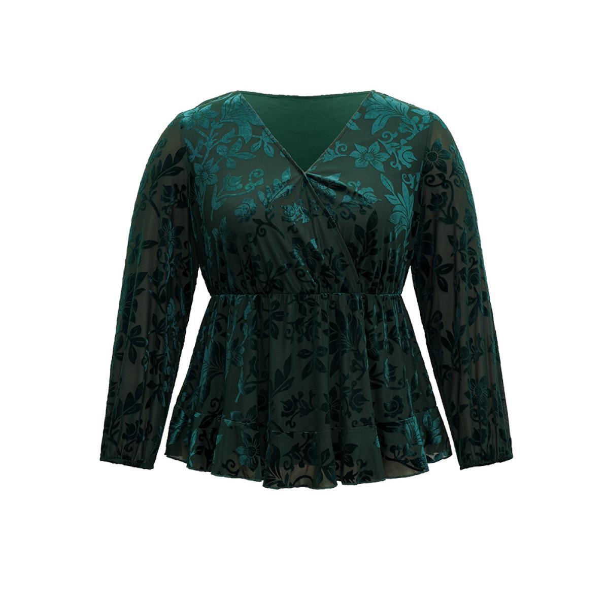 Plus Size DarkGreen Silhouette Floral Print Plain Velvet Texture Wrap Blouse Women Elegant Long Sleeve Overlap Collar Party Blouses BloomChic 30/6X Product Image