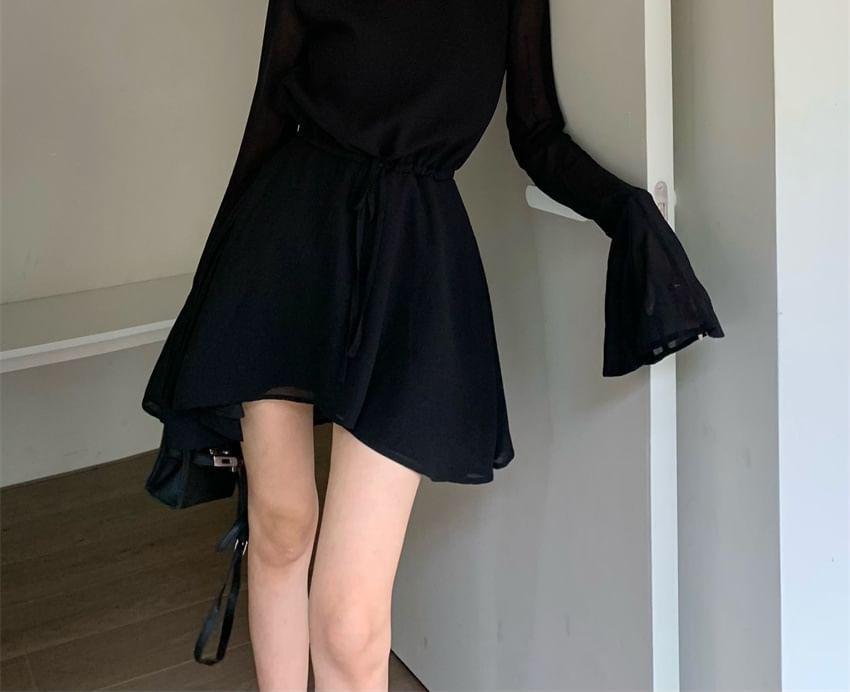 Long-Sleeve Crew Neck Plain Tie Waist Open Back Mini A-Line Dress Product Image