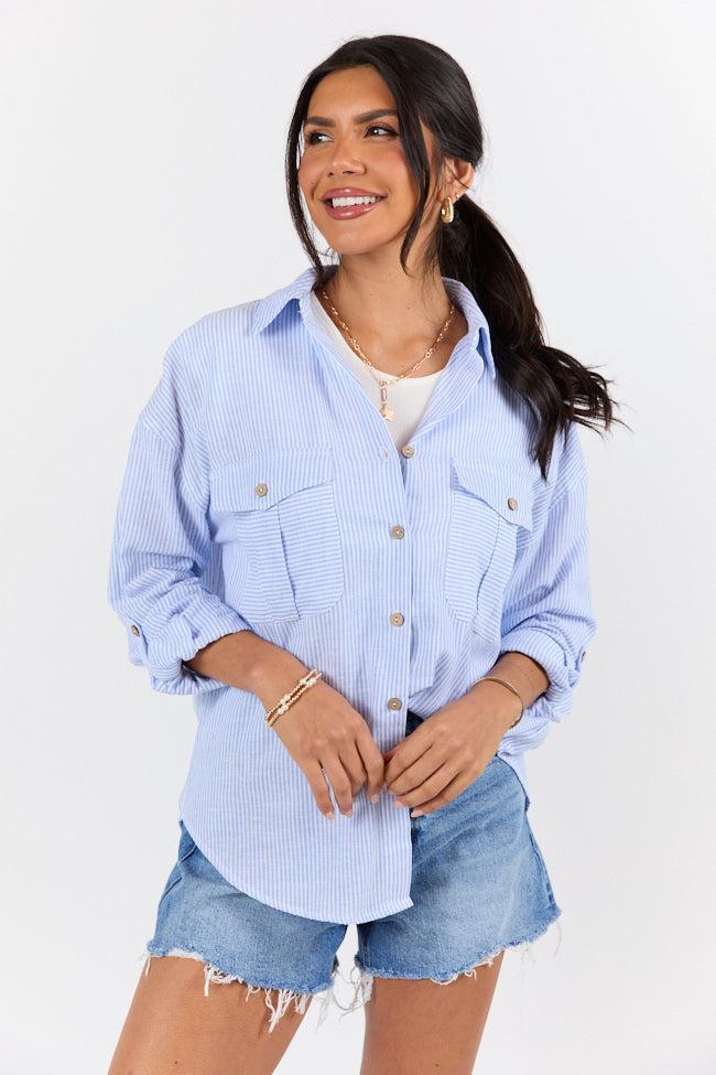 Coastline Walk Blue Striped Linen Blend Button Down Top FINAL SALE Product Image