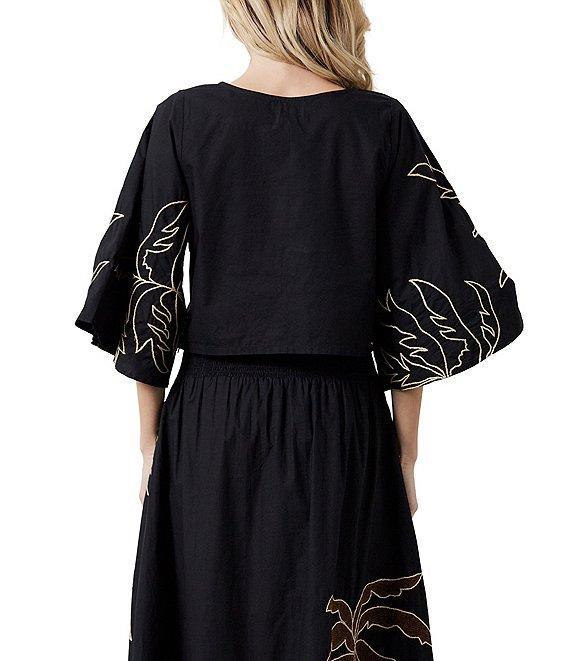 CIEBON Tyler Palm Tree Embroidered Crew Neck 3/4 Wide Flare Sleeve Coordinating Crop Top Product Image