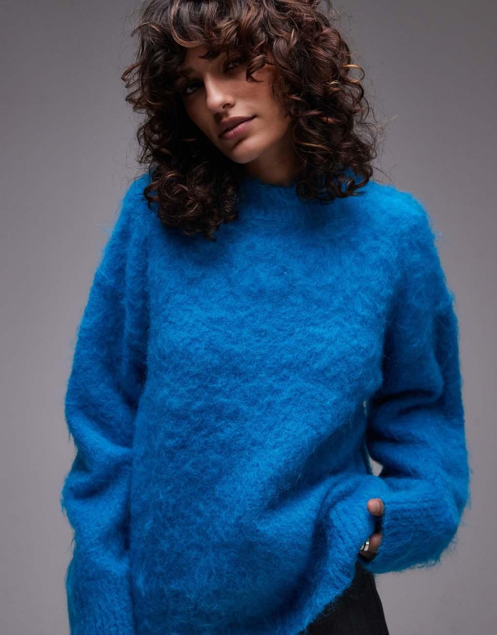 Topshop fluffy knit relaxed sweater in turquoise Product Image