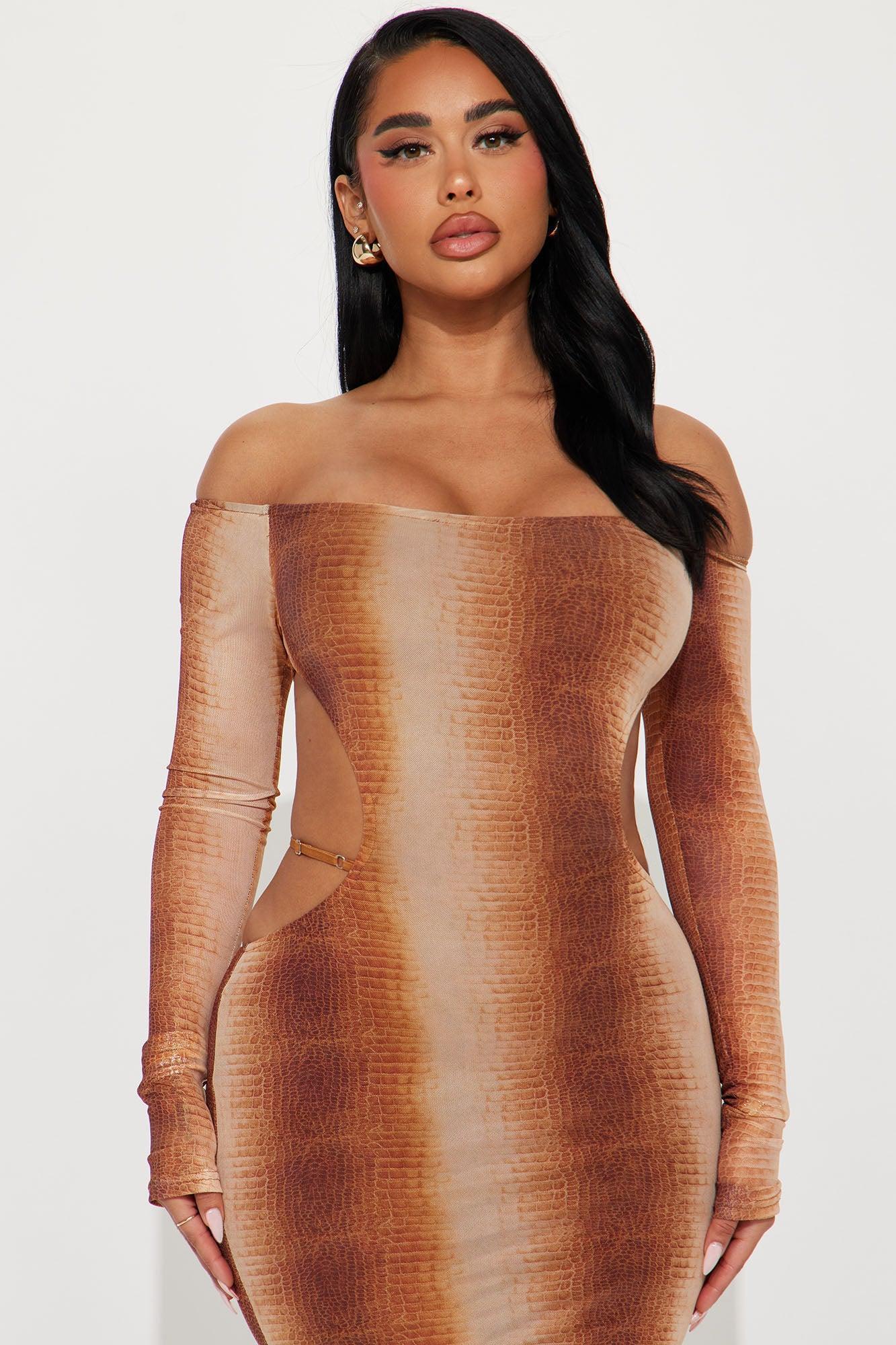 Body Moves Mesh Midi Dress - Brown/combo Product Image