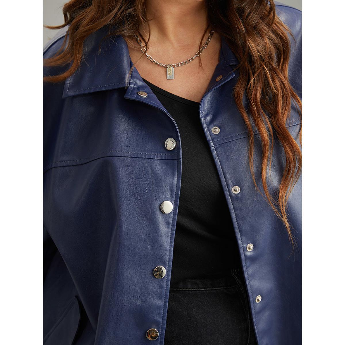 Plus Size PU Patchwork Pocket Button Through Jacket Women Indigo Elastic cuffs Dailywear Jackets BloomChic 10/M Product Image