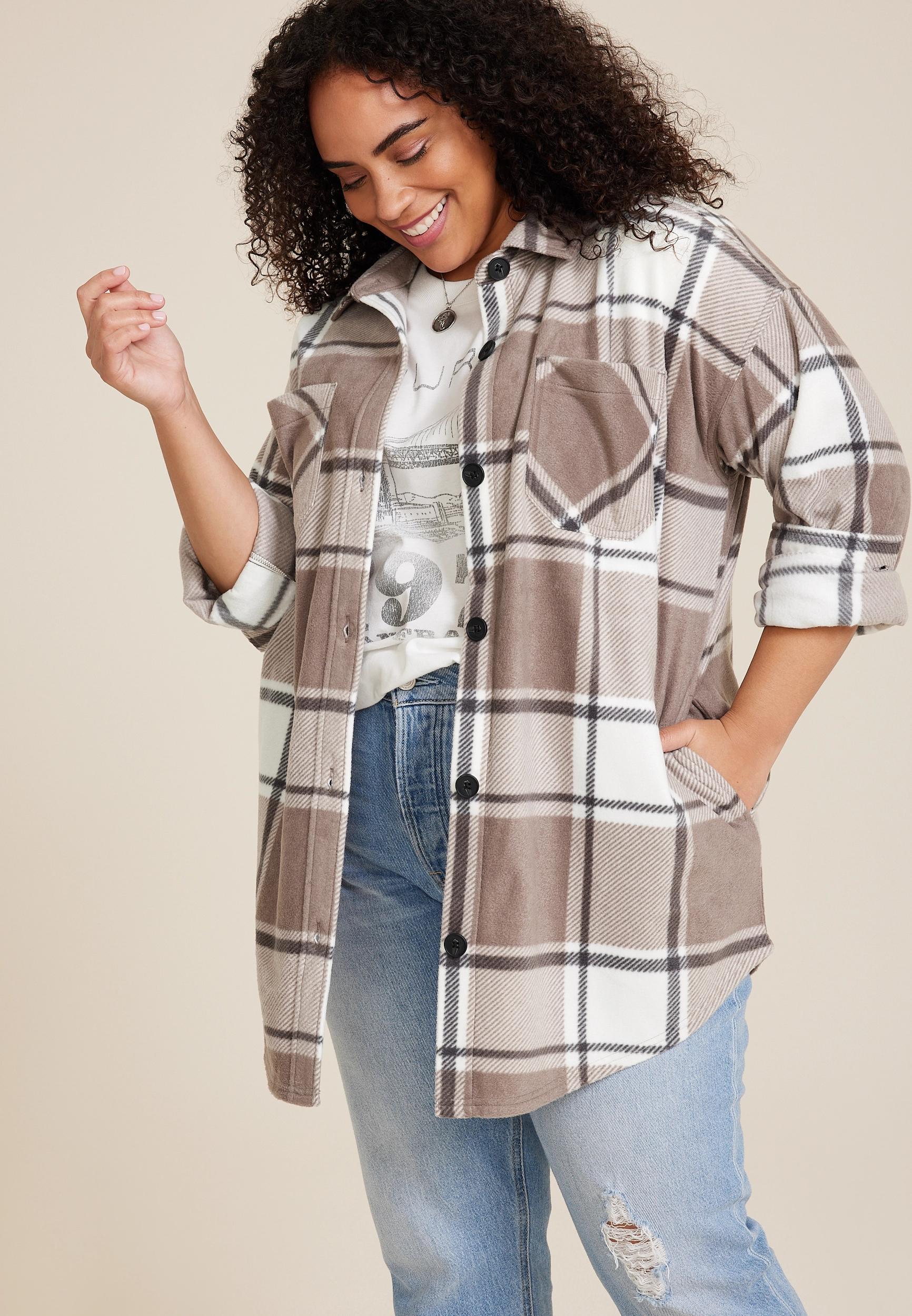 Maurices Plus Size Womens Wilder Plaid Fleece Shacket Beige Size 4X Product Image