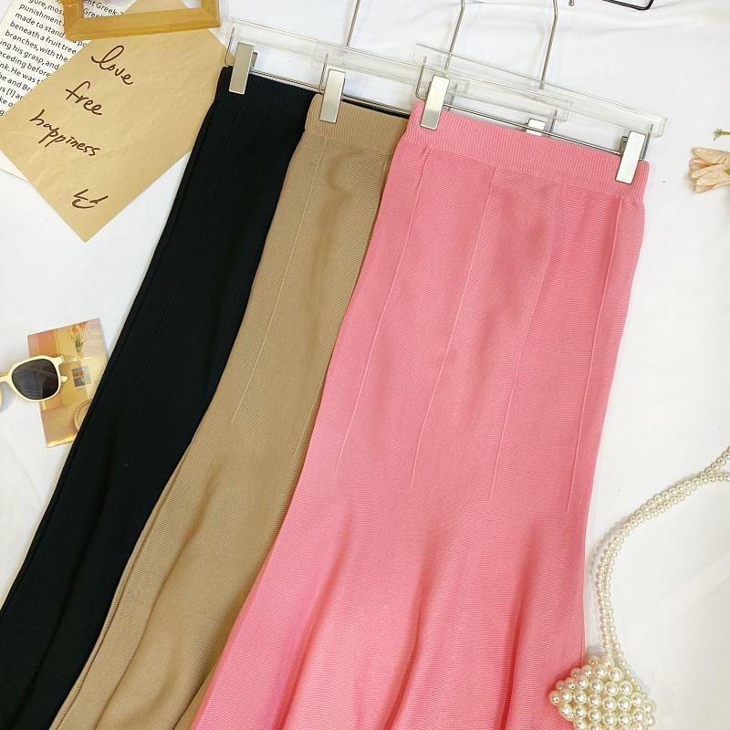 High Waist Plain Fringed Knit Maxi Mermaid Skirt Product Image
