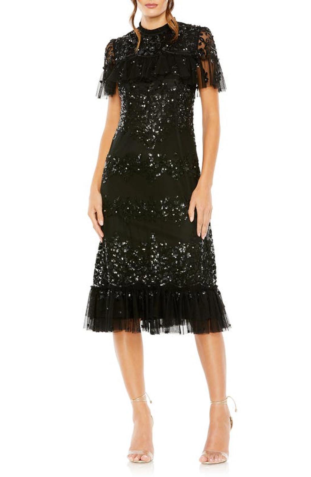Mac Duggal Short Flutter High Mock Neck Ruffled Sequin Dress Product Image