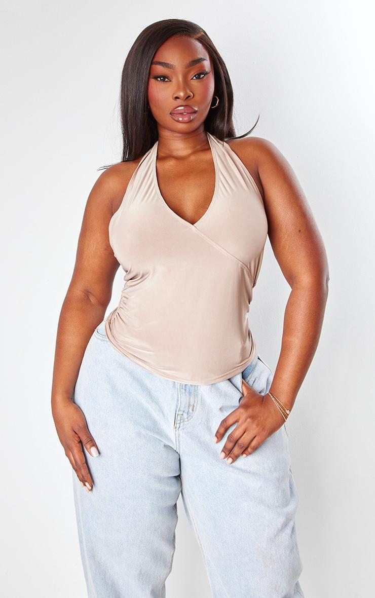 Plus Mocha Slinky Halterneck Ruched Side Long Top Product Image