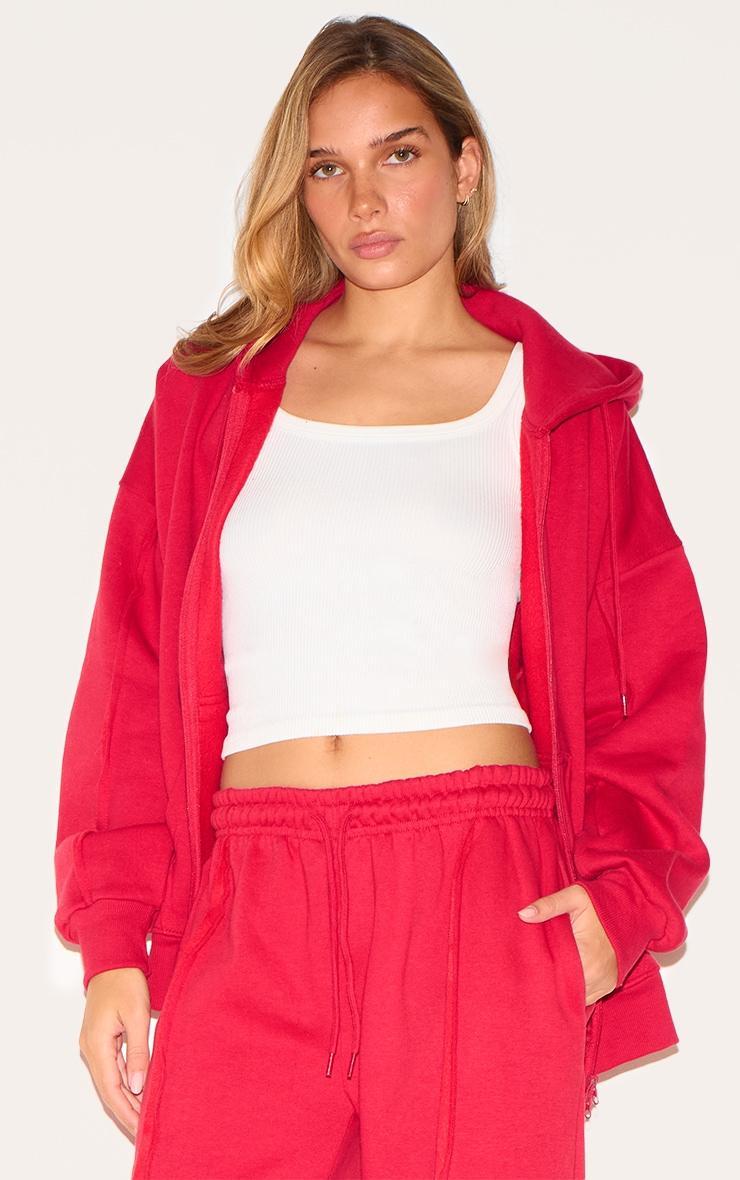 Red Oversized Zip Through Seam Detail Hoodie Product Image