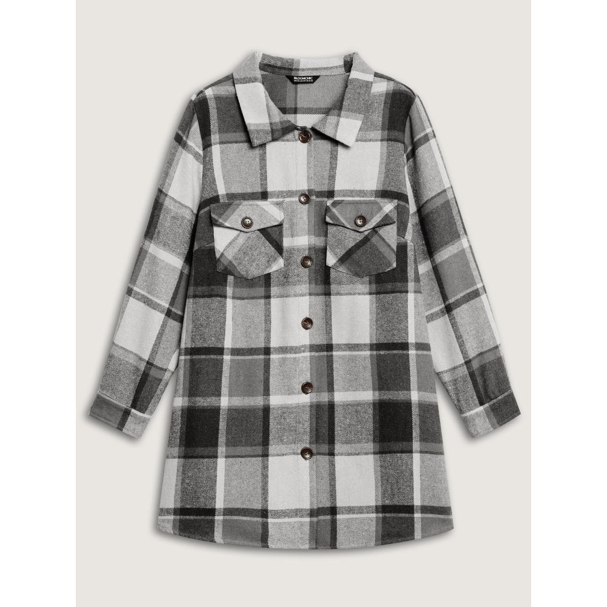 Plus Size Plaid Chest Pockets Long Jacket Women Black Button Loose Side seam pocket Everyday Jackets BloomChic 26/4X Product Image