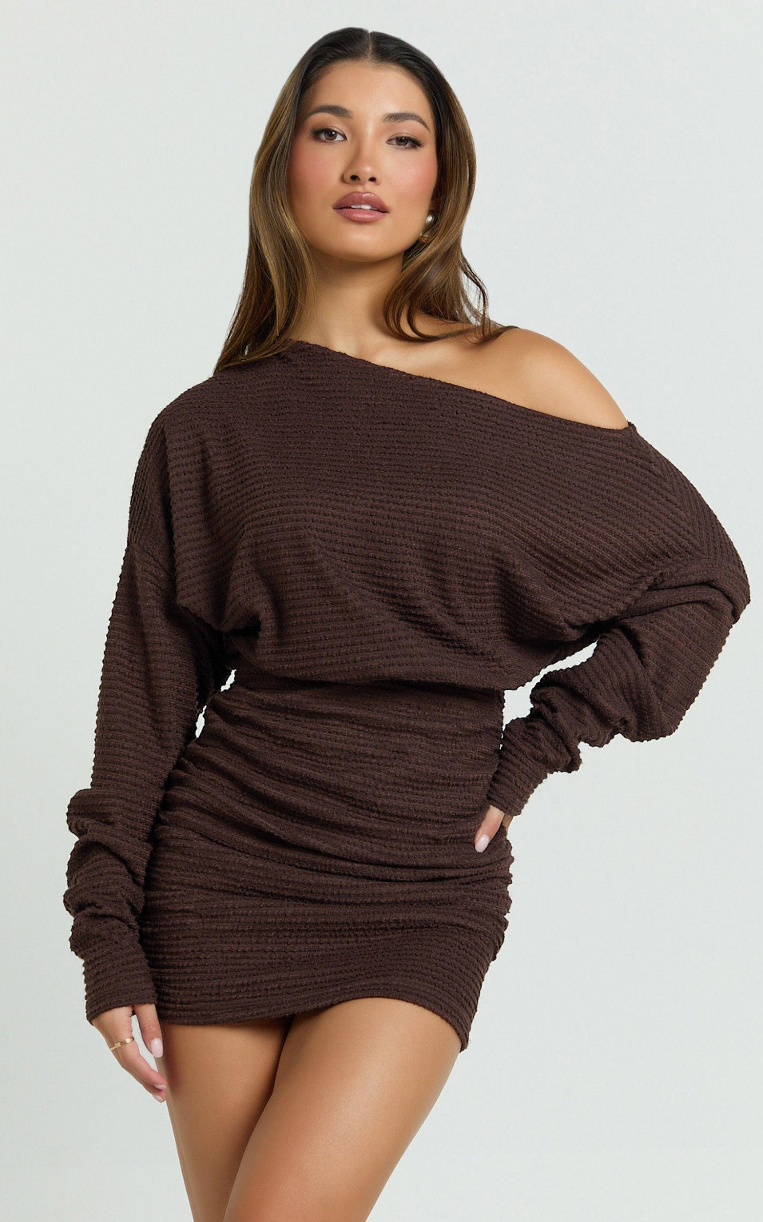 Alyce Mini Dress - Long Sleeve One Shoulder Dress in Chocolate Product Image