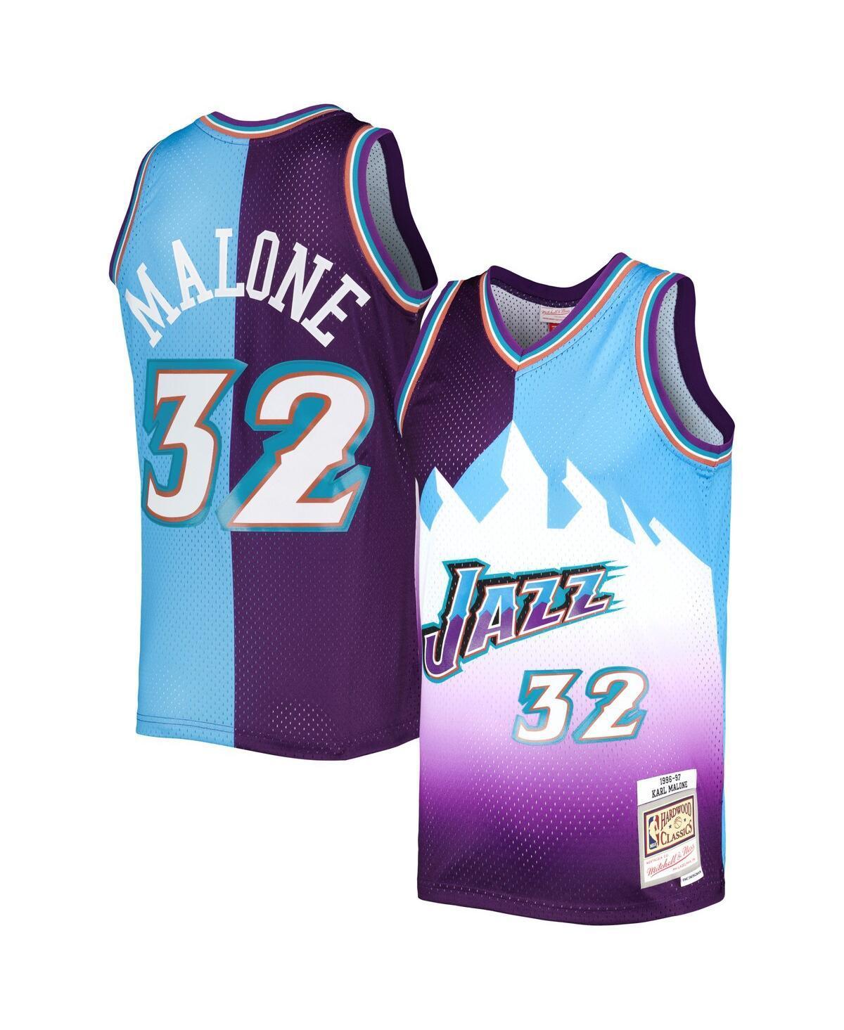 Men's Mitchell & Ness Karl Malone Purple/Turquoise Utah Jazz Hardwood Classics 1996-97 Split Swingman Jersey, Size: Large, Jaz Purple Product Image