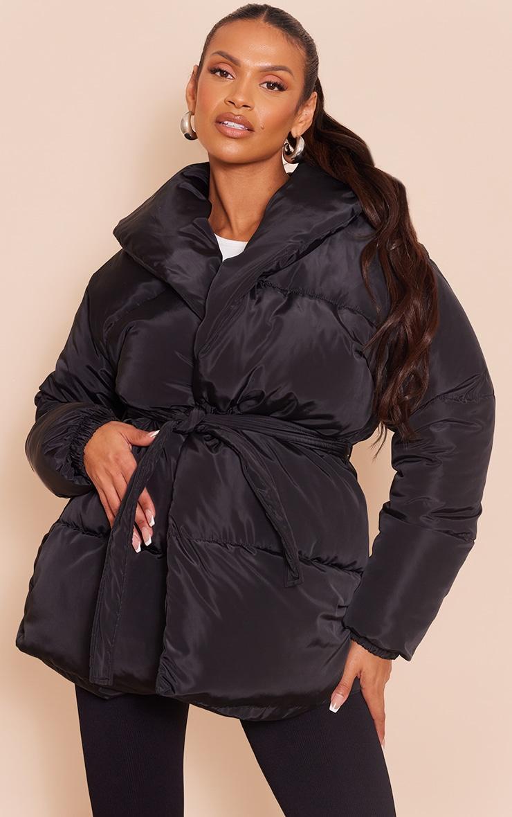 Maternity Black Oversized Collar Belt Puffer Coat Product Image