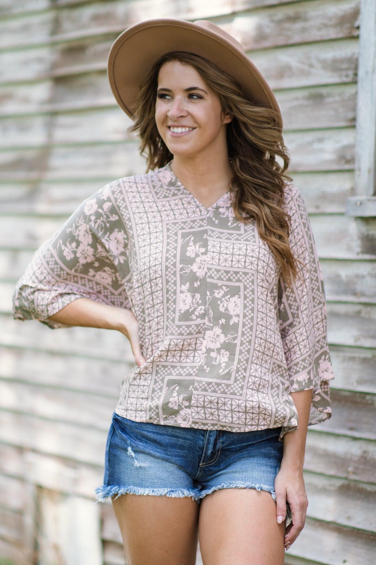 Sage and Blush Floral Geometric Print Top Product Image