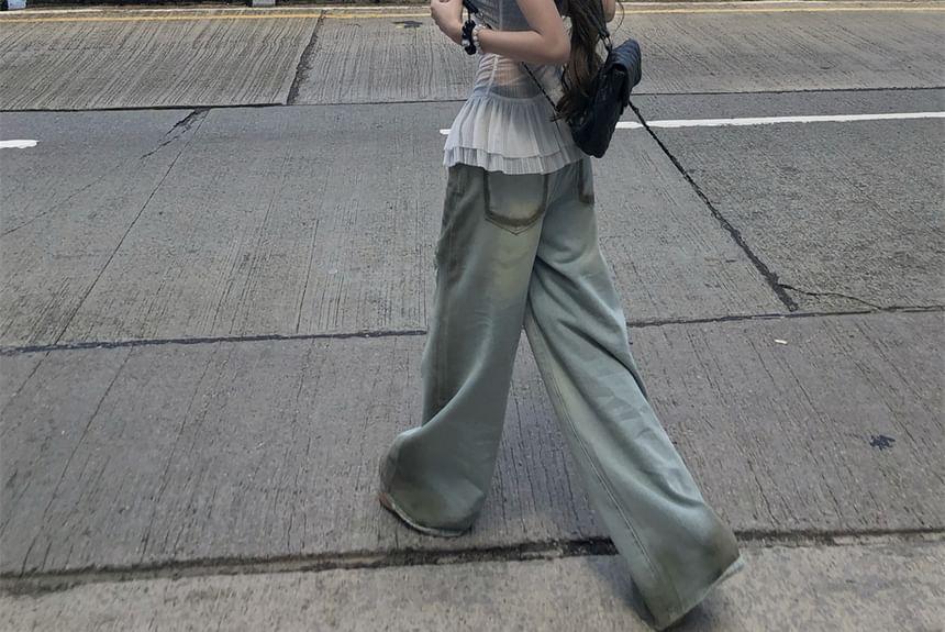 Denim Bra Top / Ruffle Hem Lace Camisole Top / High Rise Washed Ripped Wide Leg Jeans Product Image
