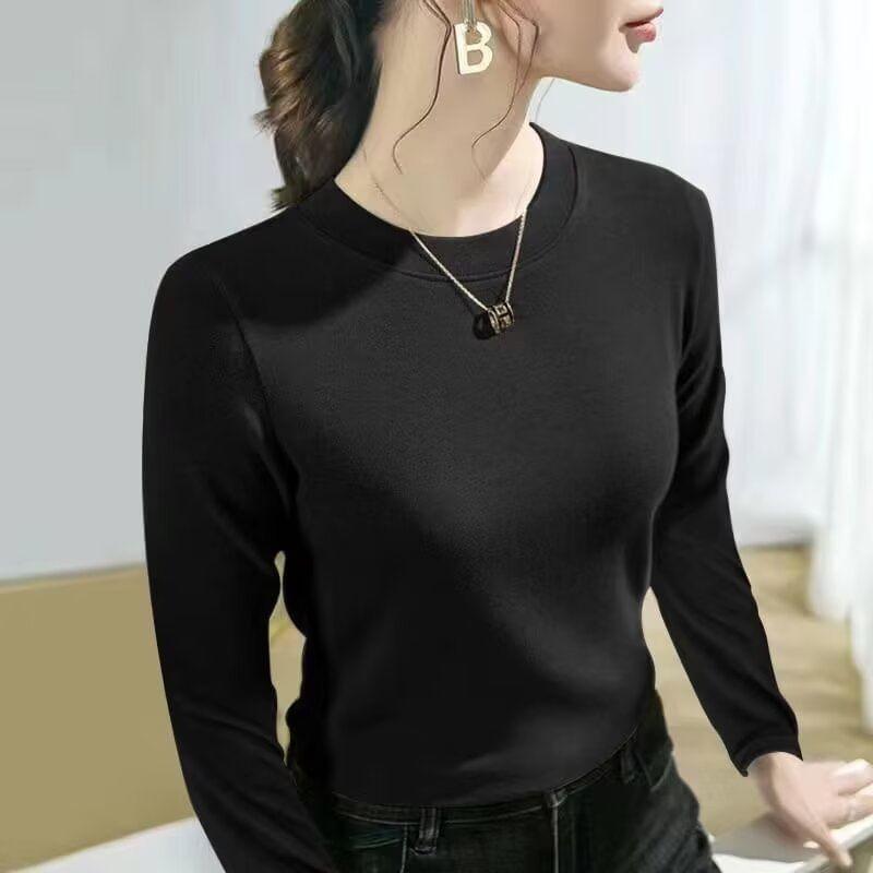 Long-Sleeve Round Neck Plain T-Shirt Product Image