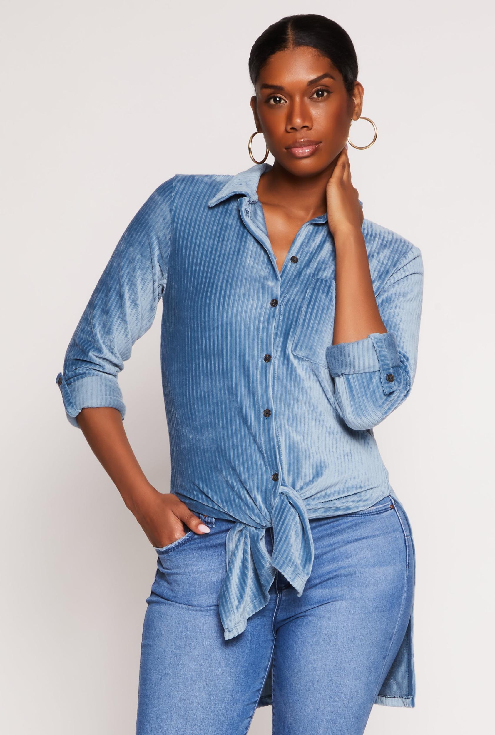 Womens Ribbed Velvet Button Front Tunic Top Product Image