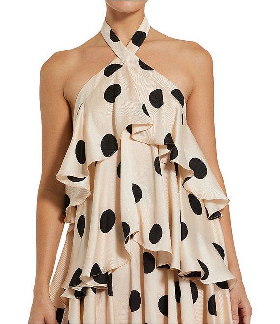 Mac Duggal Charmeuse Dotted Print Halter Neck Sleeveless Ruffle Tiered Gown Product Image