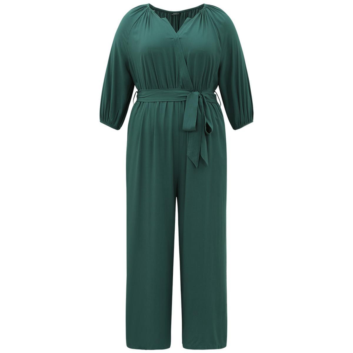 Plus Size Cyan Plain Notched Belted Gathered Lantern Sleeve Jumpsuit Women Casual Elbow-length sleeve Notched collar Dailywear Loose Jumpsuits BloomChic 12/L Product Image