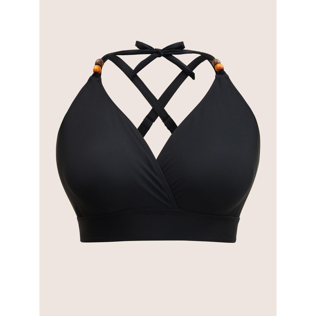 Plus Size Plain V Neck High Stretch Tie Knot Swim Top Women's Swimwear Black Beach Tie knot High stretch Skinny Overlap Collar Curve Swim Tops BloomChic 10/M Product Image