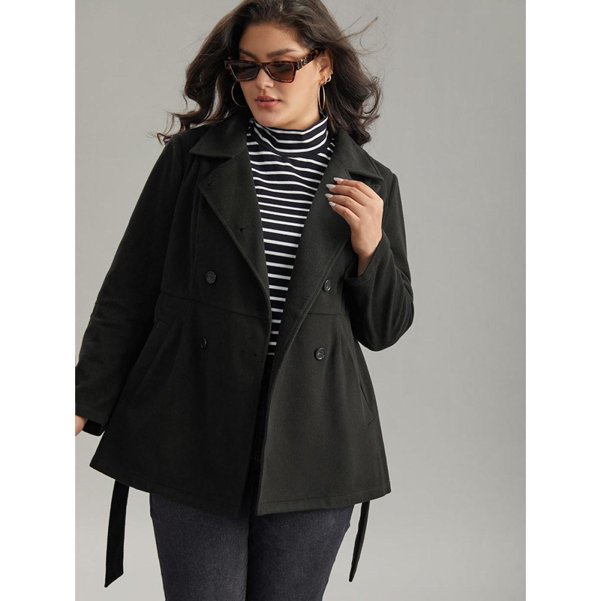 Plus Size Plain Belted Double Breasted Pocket Coat Women Black Casual Plain Ladies Dailywear Winter Coats BloomChic 18-20/2X Product Image