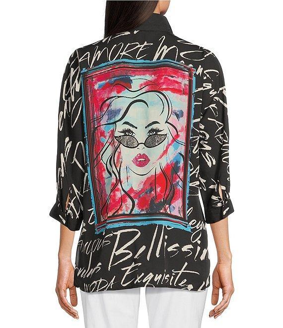 Ali Miles Petite Size Woven Printed Wire Collar 3/4 Roll-Tab Sleeve Button Front Tunic Product Image