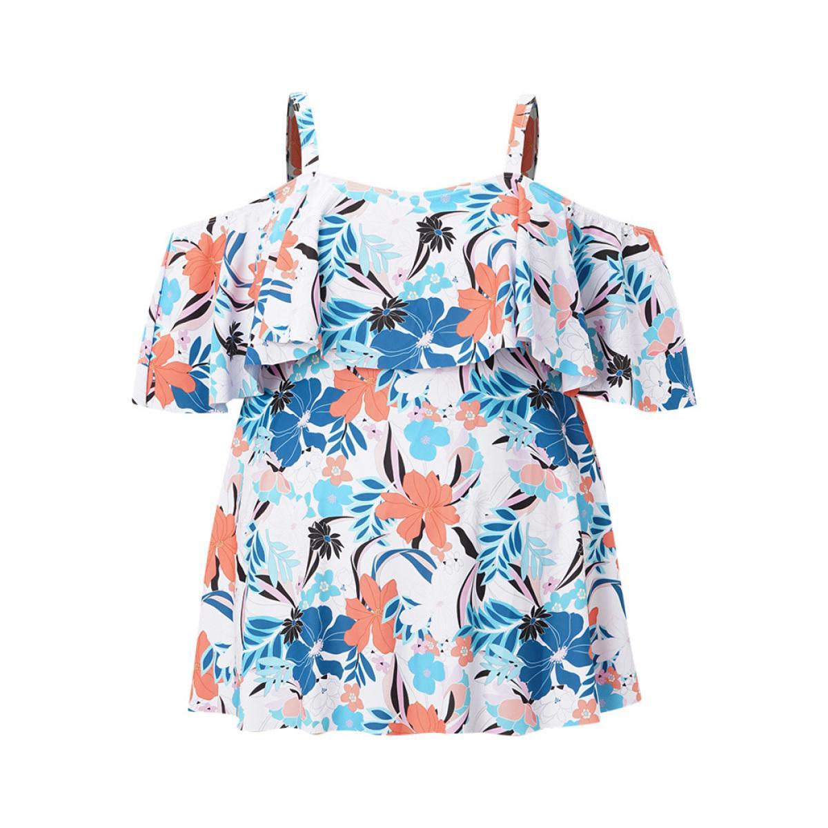 Plus Size Tropical Adjustable Straps Cold Shoulder Ruffles Trim Swim Dress Women's Swimwear Multicolor Beach Bodycon One-shoulder neck High stretch Curve Swim Dresses BloomChic 26/4X Product Image