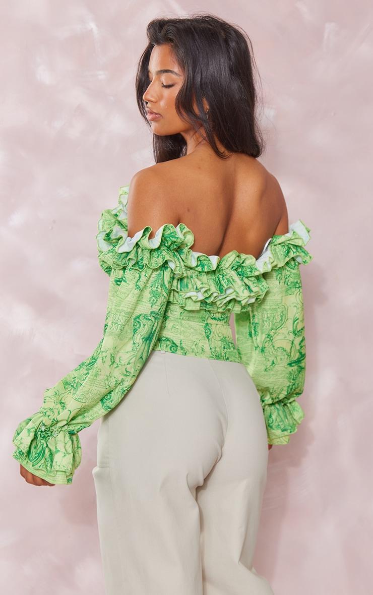 Lime Renaissance Print Ruffle Hem Off Shoulder Long Sleeve Blouse Product Image