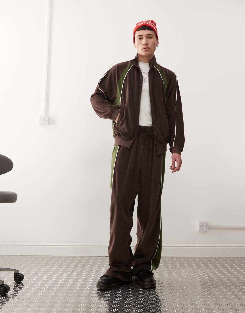 COLLUSION velour contrast panel and seam track jacket in brown and green - part of a set Product Image