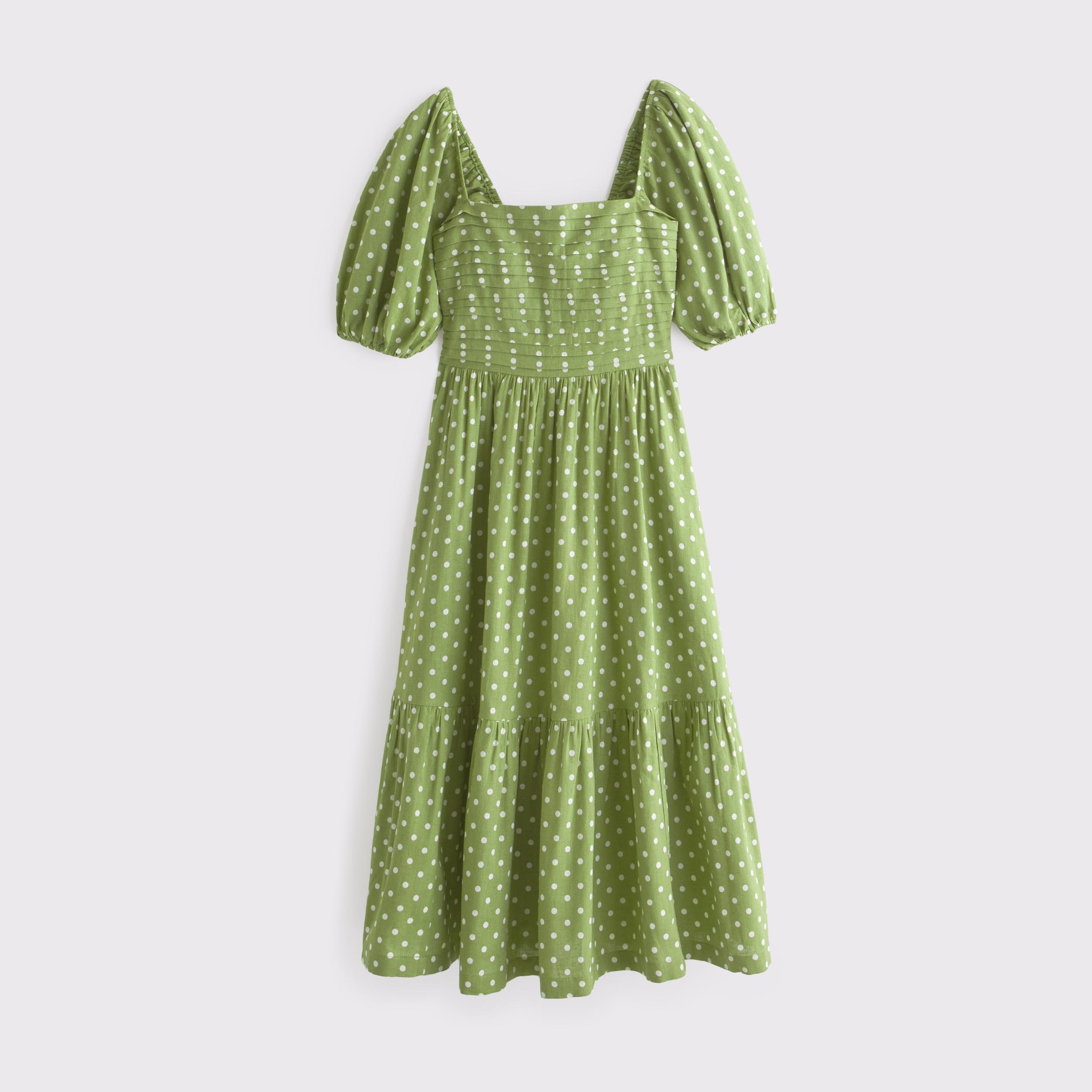 The A&F Emerson Linen-Blend Puff Sleeve Midi Dress Product Image