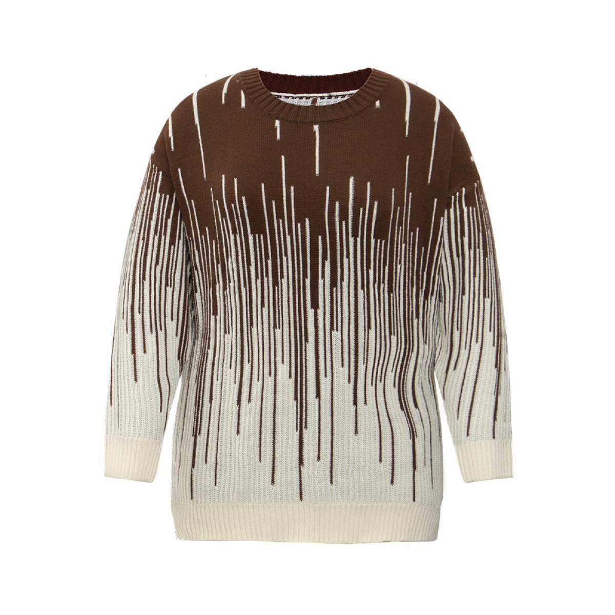 Plus Size Striped Ombre Textured Elastic Cuffs Pullover DarkBrown Women Casual Loose Long Sleeve Round Neck Everyday Pullovers BloomChic 14-16/1X Product Image