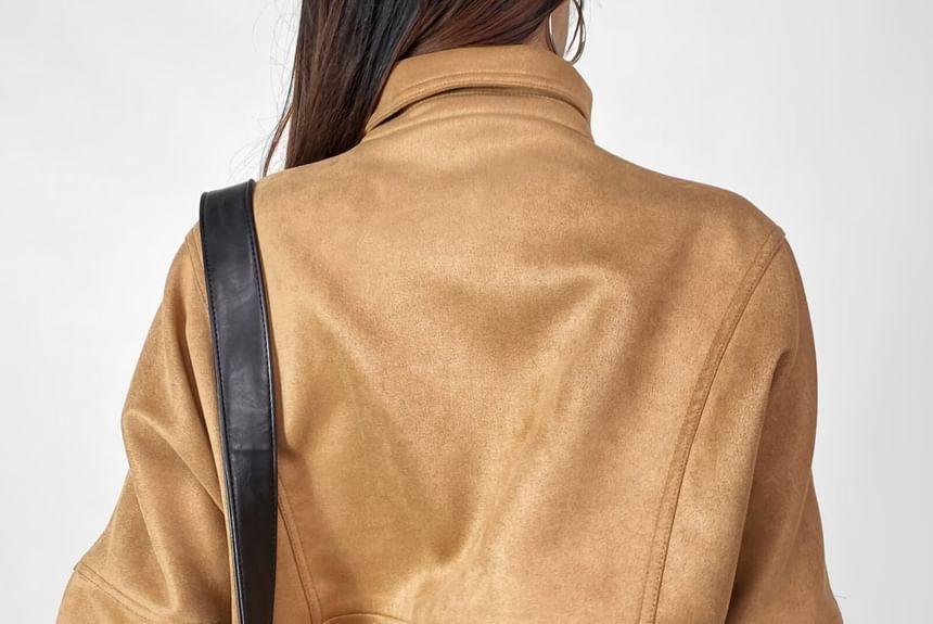 Collared Plain Panel Faux Suede Zip Jacket Product Image