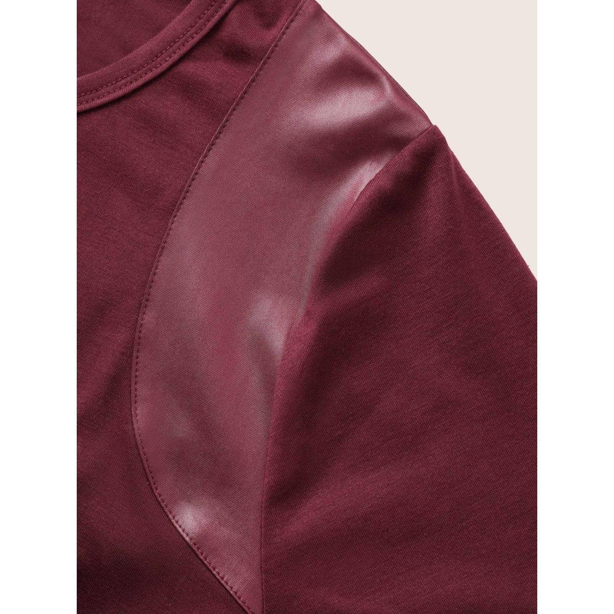 Plus Size Crew Neck Plain PU Leather T-shirt Burgundy Women Casual Patchwork Plain Round Neck Everyday T-shirts BloomChic 18-20/2X Product Image