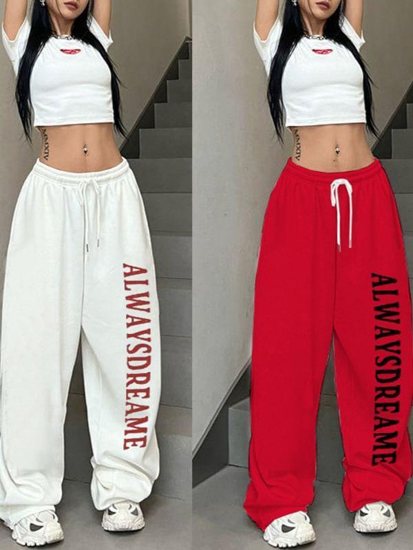 Drawstring Waist Lettering Print Wide Leg Sweatpants Product Image