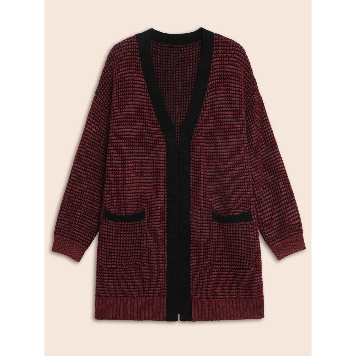 Plus Size Contrast Textured Drop Shoulder Sleeve Cardigan Burgundy Women Casual Loose Long Sleeve Everyday Cardigans BloomChic 14-16/1X Product Image