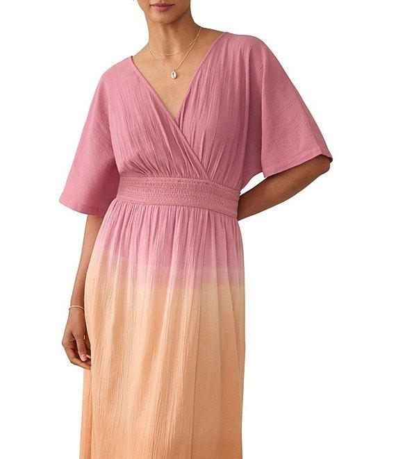 Faherty Mila Woven Organic Cotton Ombre Print V-Neck Short Sleeve Empire Waist Maxi Dress Product Image
