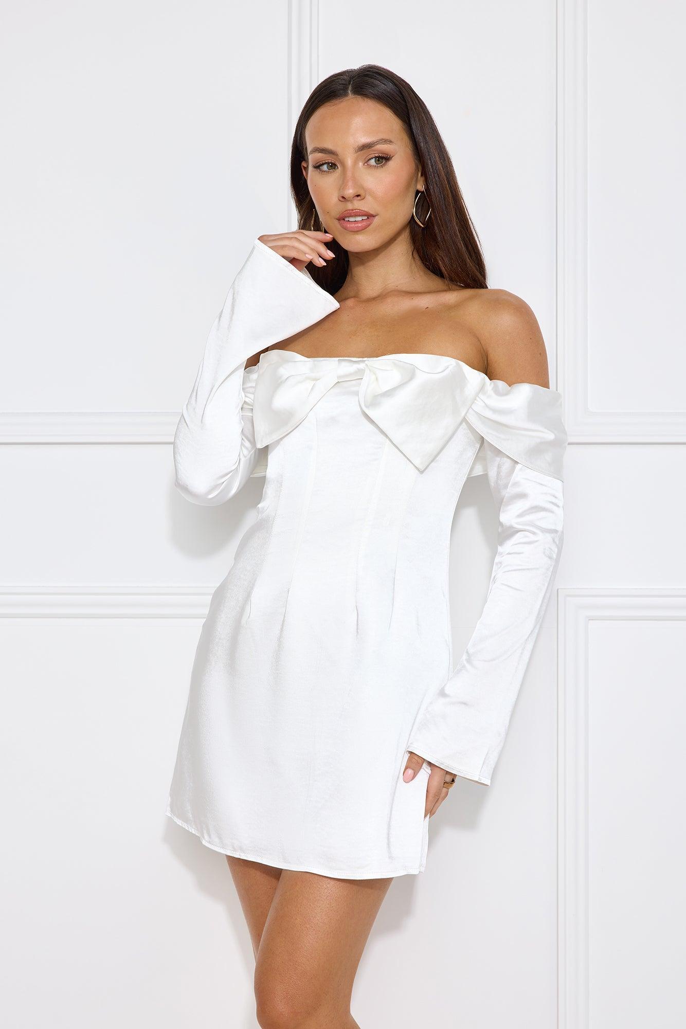 Delicacy Bow Satin Off Shoulder Mini Dress White Product Image