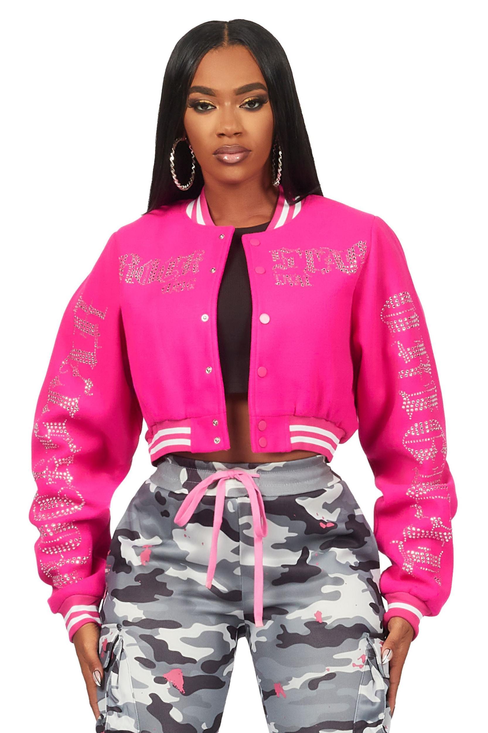 Gianni Hot Pink Crop Rhinestone Varsity Jacket Female Product Image