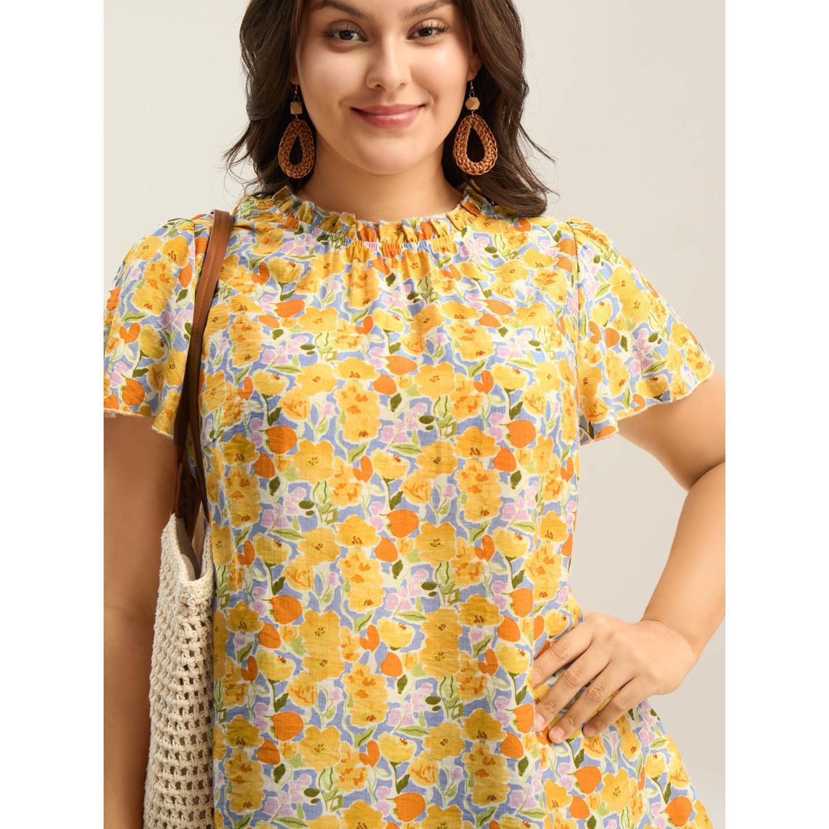 Plus Size Lemonyellow In Full Bloom Mock Neck Shirt Women Resort Cap Sleeve Stand-up collar Vacation Blouses BloomChic 22-24/3X Product Image